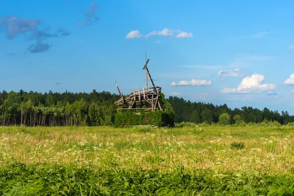 Nikola-Lenivets, Rusya - 2 Haziran 2019: Altın Kaplama Boğa'nın panoramik manzarası . Sanat Parkı Nikola Lenivets ahşap heykel. Kaluga Bölgesi'ndeki Milli Park, Rusya Federasyonu.