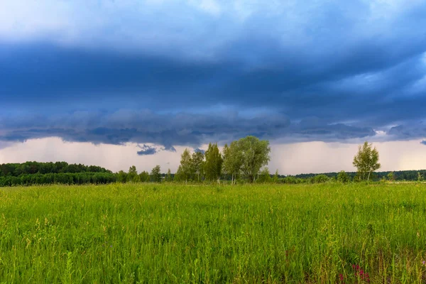 Venkovské krajiny zelené pole s dramatickým nebem. Šedá temná obloha před bouřkou v létě. — Stock fotografie