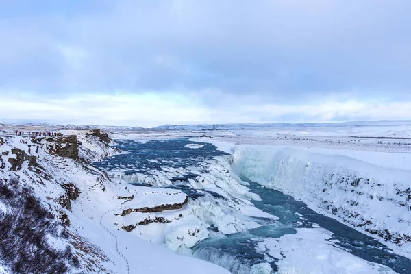 Úžasný Pohled Zimní Krajinu Zálivu Gullfoss Vodopád Islandu Malebný Zimní — Stock fotografie