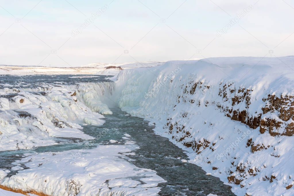 Amazing aereal winter landscape view of Gullfoss waterfall in Iceland. Picturesque winter landscape view of Gullfoss waterfall in Iceland.