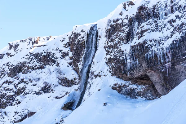 Живописный Зимний Пейзаж Замёрзшего Красивого Водопада Seljalandsfoss Исландии Зимний Пейзаж — стоковое фото