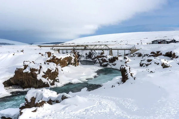 Vista Panorámica Invierno Cascada Godafoss Islandia Pintoresco Paisaje Invernal Con —  Fotos de Stock