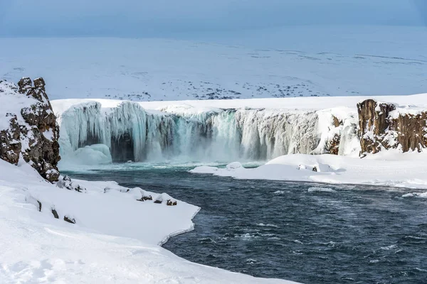 Scenic Winter Ansicht Des Godafoss Wasserfall Island Malerische Winterlandschaft Mit — Stockfoto