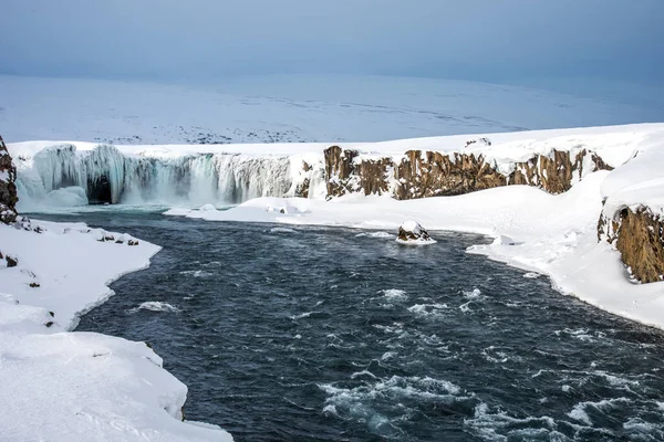 Vista Panorámica Invierno Cascada Godafoss Islandia Pintoresco Paisaje Invernal Con — Foto de Stock