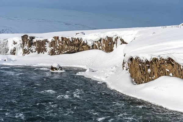 Naturskön Vinterutsikt Över Godafoss Vattenfall Island Pittoreska Vinterlandskap Med Fruset — Stockfoto