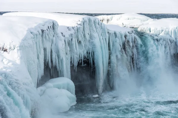 Naturskön Vinterutsikt Över Godafoss Vattenfall Island Pittoreska Vinterlandskap Med Fruset — Stockfoto