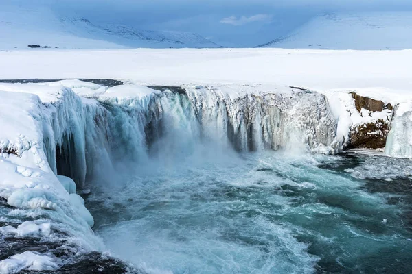 Vista Panoramica Invernale Della Cascata Godafoss Islanda Pittoresco Paesaggio Invernale — Foto Stock