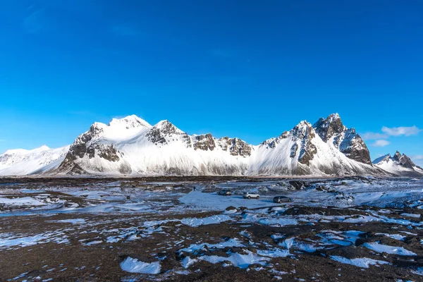 Vista Aérea Del Paisaje Invernal Vestrahorn Playa Arena Negra Península —  Fotos de Stock