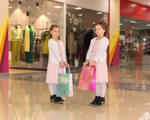 Deux jeunes sœurs jumelles avec des sacs à provisions marchant au centre commercial — Photo