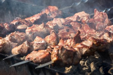 Şiş kebap ızgara et şişler üzerinde bir brazier üzerinde kızartılır