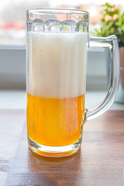 Glass Light Frothy Beer Table Close — Stock Photo, Image