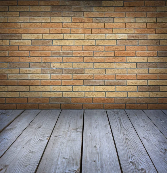 Estudio Fondo Con Pared Ladrillo Suelo Madera —  Fotos de Stock