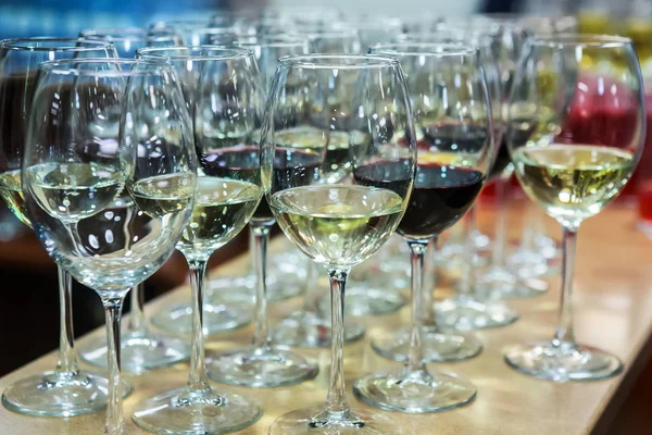 Lot Glasses Champagne Red Wine Close — Stock Photo, Image