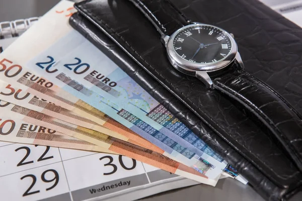Foreign Banknotes Wallet Wrist Watch Lie Wall Calendar Concept Running — Stock Photo, Image