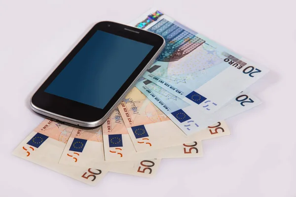 Mobile Phone Lies Euro Banknotes Close Isolated — Stock Photo, Image