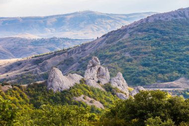 Akşam gökyüzü bulutlu güneş ışığı altında dağ orman manzarası