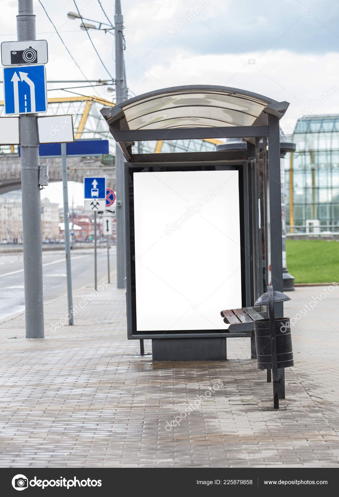 Download Free Modern Glass Bus Stop Advertising Banner Stock Photo C Apriori 225879858 PSD Mockup Template