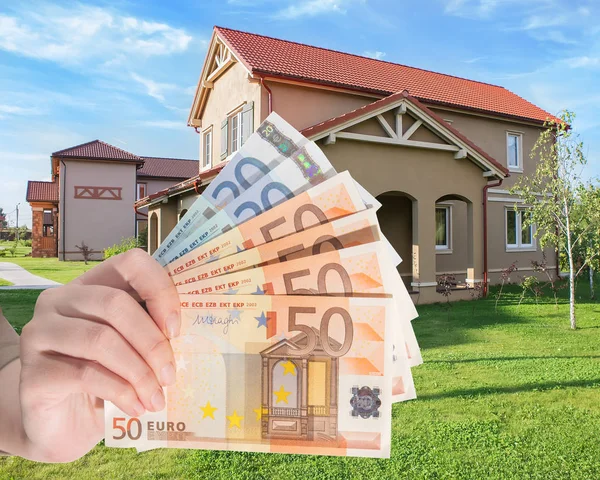 Modern Cottage Lawn Purchase Sale Rent Cottage Hand Foreign Banknotes — Stock Photo, Image