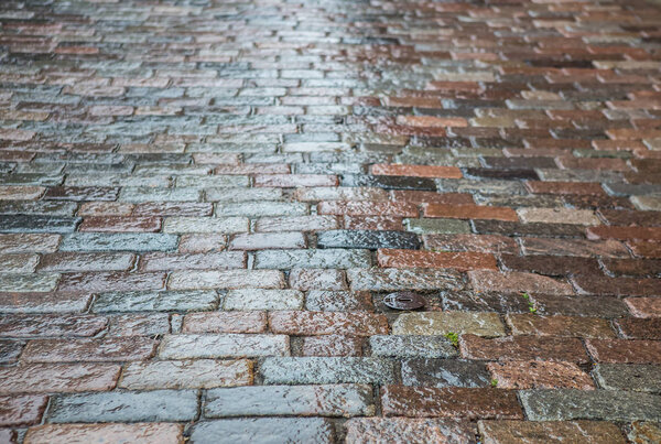 Wet old stone granite pavement in the rain
