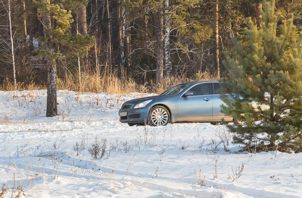 汽车在冬天在雪堆的森林路上行驶 — 图库照片