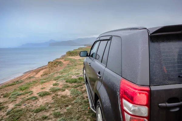 Suv gökyüzüne karşı bir yüksek deniz kıyısında. — Stok fotoğraf