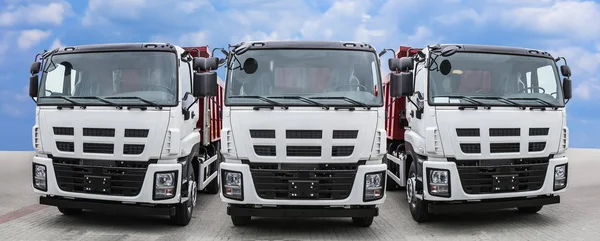 Três grandes caminhões vista frontal na estrada — Fotografia de Stock