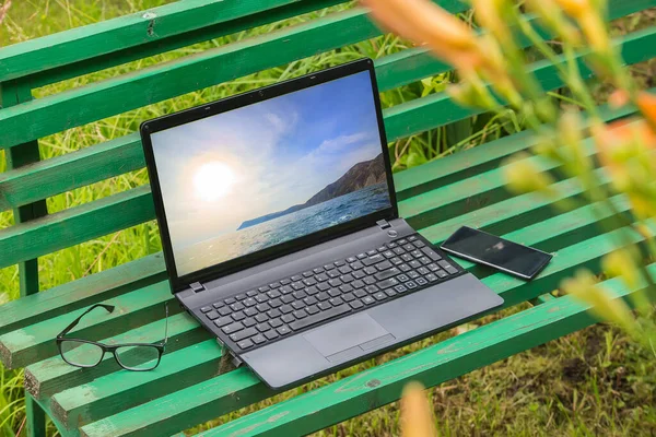 Laptop Glasses Smartphone Bench Summer Garden — Stock Photo, Image