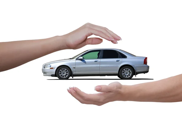 Vrouwelijke Handen Boven Onder Auto Een Witte Achtergrond — Stockfoto