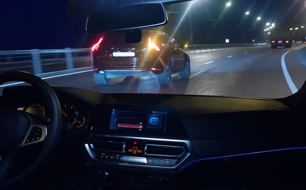 Uitzicht Vanaf Bewegende Auto Snelweg Nachts — Stockfoto