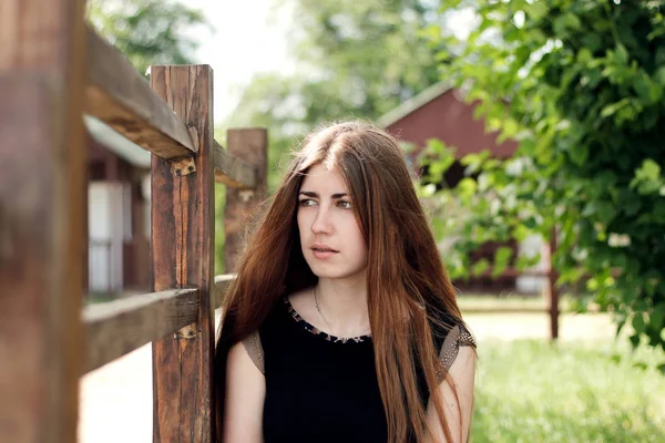 Porträt Eines Mädchens Mit Langen Braunen Haaren Zaun — Stockfoto