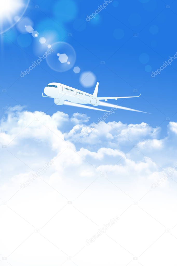 An airliner flying in the sky among clouds