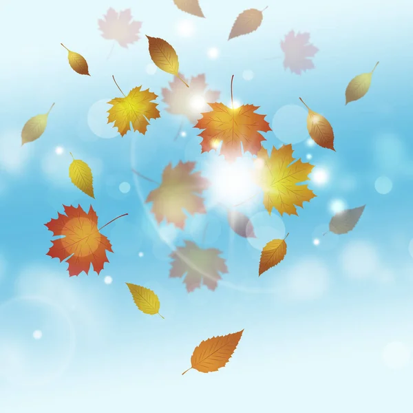 Sonniger Gelber Heller Hintergrund Mit Fallenden Blättern Und Verschwommenen Lichtern — Stockfoto