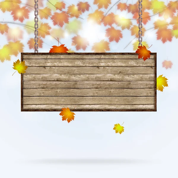 Natura Jesień Stół Drewna Ogłoszenia Niewyraźne Spadających Liści — Zdjęcie stockowe