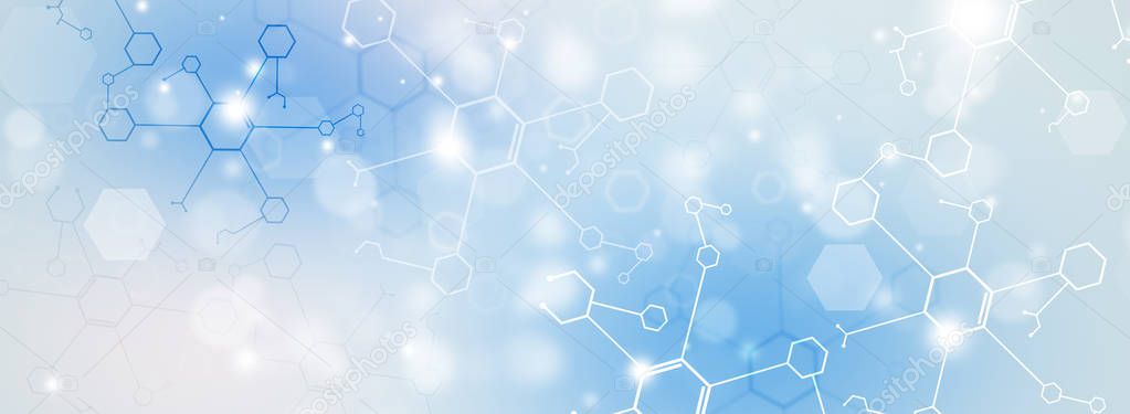 abstract science and medicine blue banner with chemistry elements