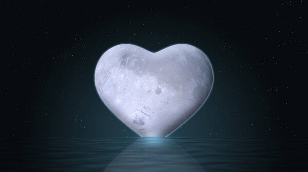 Heart shape moon rising on sea surface. love concept valentine background