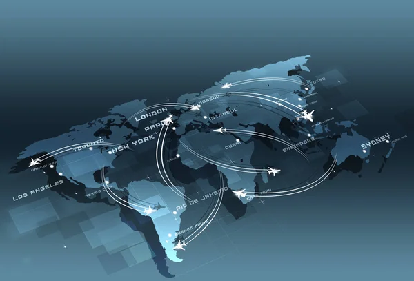 Fundo Aviação Com Aviões Sobre Mapa Com Capitais Mundiais — Fotografia de Stock