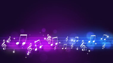 Çok renkli müzik notaları poster neon retro renk arkaplanı. Müzik broşürleri ve posterleri için tasarımlar