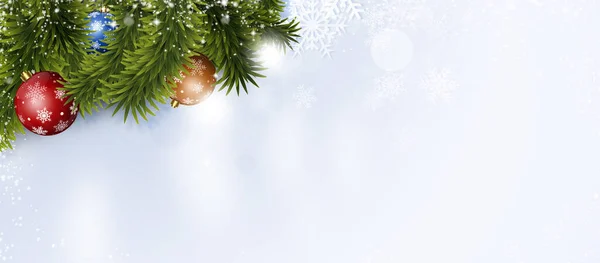 Helles Weihnachtsbanner Mit Baumkugeln Und Schneeflocken Für Die Winternotizkarte — Stockfoto