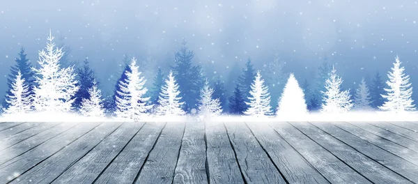 Invierno Vacaciones Nieve Bandera Con Árboles Bosque — Foto de Stock