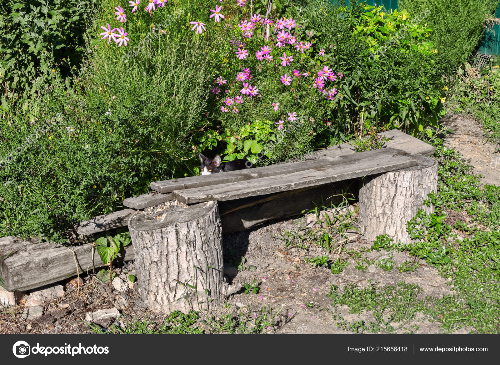Ancient Wooden Bench Front Flower Bed Made Own Hands Stock Photo