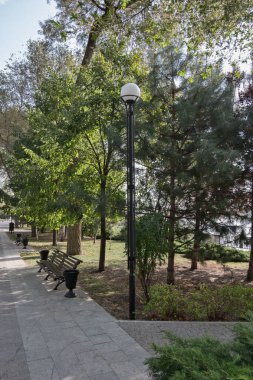 erken sonbahar gölgeli bir parkta tenha bir Bank görünümünü