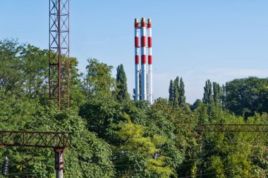 yeşil bir ağaçlık arkasında yüksek kırmızı fabrika boru