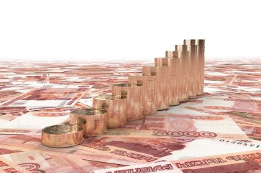 beş bin banknotlar 3d resimde bir merdiven ile kaplı on Rublesi sikke yığını