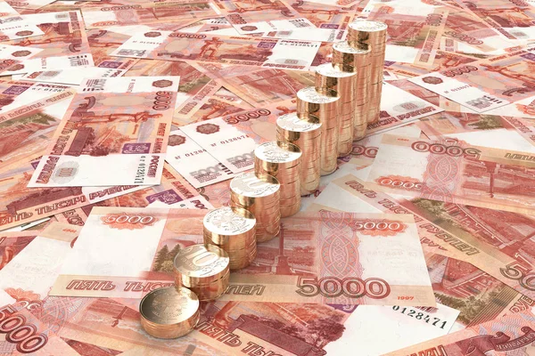 一堆十卢布硬币衬里与梯子在5000钞票3D — 图库照片