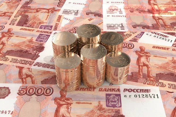 六叠十卢布硬币整齐地折叠在5000俄国票据3D — 图库照片