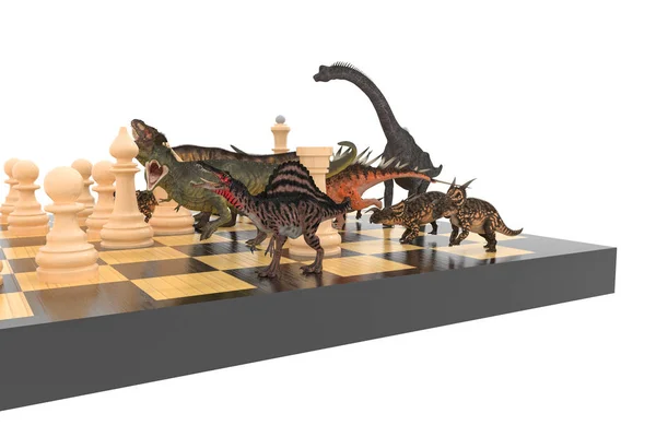 Batalha Dinossauros Com Xadrez Tabuleiro Xadrez Ilustração — Fotografia de Stock