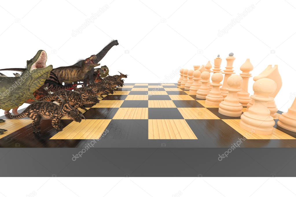 The battle of dinosaurs with chess on a chessboard 3d illustration