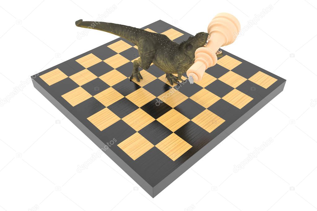 The battle of dinosaurs with chess on a chessboard 3d illustration