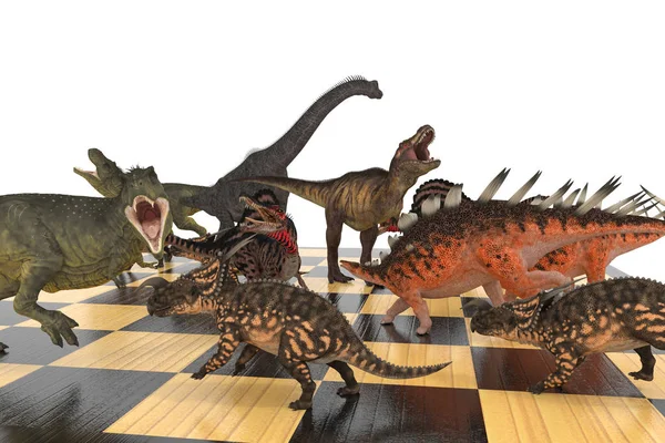 Batalha Diferentes Dinossauros Tabuleiro Xadrez Ilustração — Fotografia de Stock