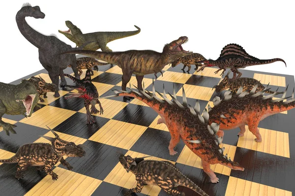 Bir Satranç Çizim Üzerinde Farklı Dinozorlar Muharebesi — Stok fotoğraf